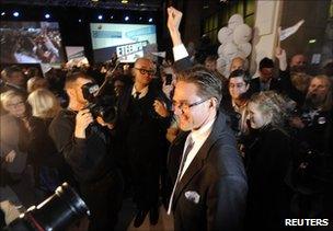 Jyrki Katainen celebrates his party's success in Helsinki, 17 April