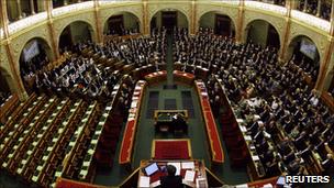 Hungarian parliament's assembly hall during a final vote on the country's new constitution, April 18 2011