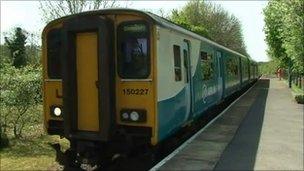 Train at Llanwrda station, Carmarthenshire