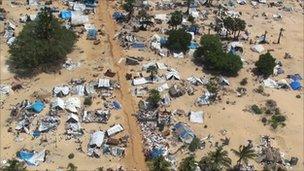 Aerial view of section of abandoned camp in former conflict zone on the Sir Lanka's north-eastern coast (file image from 23 May 2009)