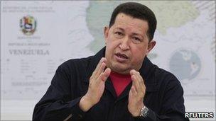 Hugo Chavez speaks during a cabinet meeting at Miraflores Palace in Caracas April 25, 2011