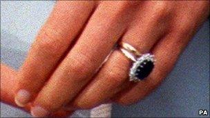 Princess Diana in 1996 with her Welsh gold wedding ring, and engagement ring