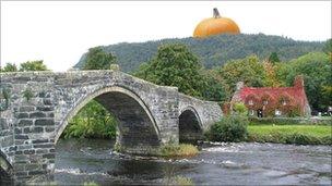 An artist's impression of what the giant pumpkin may look like above Llanrwst