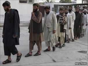 Recaptured prisoners in Kandahar on Tuesday