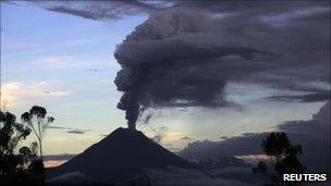 The Tungurahua volcano spews ash and steam during an eruption on 25 April 2011