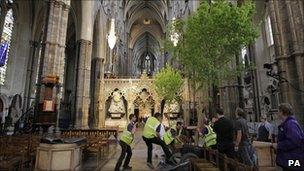 Workers carry an English field maple tree into Westminster Abbey in preparation for the royal wedding