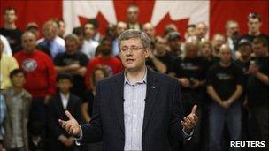 Canadian Prime Minister Stephen Harper speaking during a campaign stop