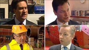 Clockwise from top left, Ed Miliband, Nick Clegg, Michael Gover and John Swinney