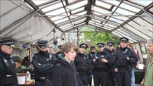 Police officers and others in a greenhouse in Sipson (pic: Transition Heathrow)