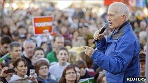 NDP leader Jack Layton addressing a crowd at a rally