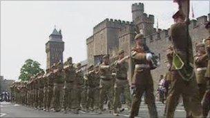 Royal Welsh march past Cardiff Castle