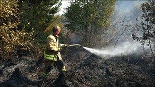 Fire fighter sprays grass fire