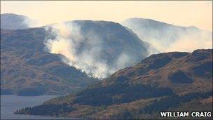 Heath fire at Loch Katrine seen from summit of Ben A'an (Pic by William Craig)