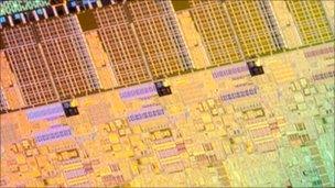 Close-up of Sandy Bridge wafer, Intel