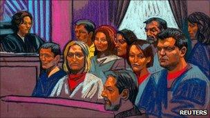 Russian spy suspects in a Manhattan courtroom sketch, 8 July 2010.