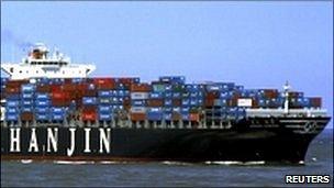 Hanjin Shipping Co, shows the container ship "Hanjin Tianjin" of South Korea.