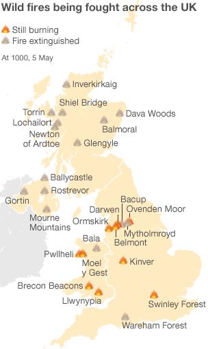 Map of UK shows fires across the country