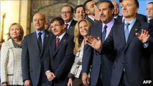 US Secretary of State Hillary Clinton (far left) and the foreign ministers and representatives of countries and organisations in the Libya Contact Group meeting in Rome - 5 May 2011