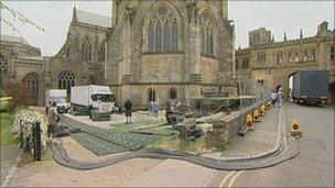 Film units set up at Wells cathedral