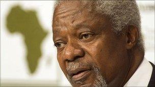 Kofi Annan, former UN Secretary-General, speaks at the Launch of the Africa Progress Panel Annual Report for 2011, during the second day of the World Economic Forum on Africa on May 5, 2011, in Cape Town, South Africa