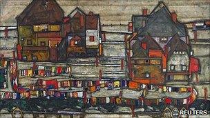 Houses with colourful laundry (Suburb II) by Egon Schiele