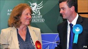 Labour victor Julie Morgan with her beaten Conservative rival Jonathan Morgan