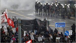 Police secure a street in Athens, 15 December, 2010