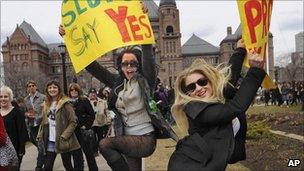 Magdalena Ivasecko, left, and Sierra Chevy Harris during the SlutWalk in Toronto, Canada, on 3/4/11