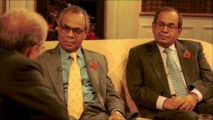 Hinduja brothers - Srichand and Gopichand Hinduja - being interviewed by Frost, David on BBC Breakfast with Frost, file pic 2000