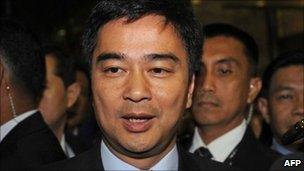 Thai Prime Minister Abhisit Vejjajiva, pictured in Jakarta on 7 May 2011