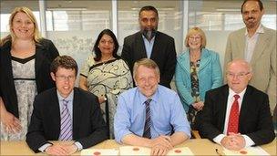 Back row - left to right - Councillor Sarah Russell, Councillor Manjula Sood, Councillor Mohammed Dawood, Councillor Vi Dempster, Councillor Piara Singh Clair. Front row - left to right - Councillor Rory Palmer, Sir Peter Soulsby, Councillor Ted Cassidy.