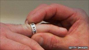 Same-sex couple marking partnership with ring