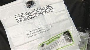 Charity bag marked with "Bernhardos"