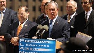 New York Mayor Michael Bloomberg speaks near Ground Zero about the new alert system