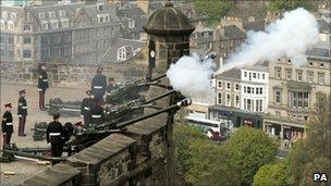 Gunners fire a 21-gun salute to mark the Queen's 85th birthday at Edinburgh Castle in April 2011