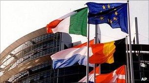 Flags outside European Parliament, Strasbourg