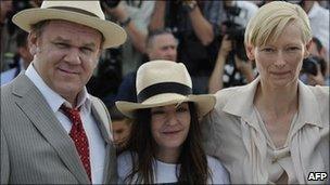 We Need to Talk about Kevin director Lynne Ramsay (centre) with actors John C Reilly and Tilda Swinton