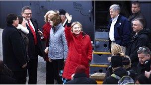 US Secretary of State Hillary Clinton waves on arrival in Nuuk, Greenland, 11 May