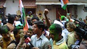 Celebrations outside Mamata Banerjee's house in Calcutta on 13 May 2011