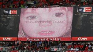 Big screen shot of Madeleine McCann appeal at football match at Wembley Stadium