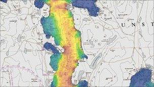 Shetland Islands wave and tidal resource assessment map of Bluemull Sound (Courtesy of British Crown and Seazone Solutions Ltd - derived in part from material obtained from the UK Hydrographic Office with the permission of HM Stationery Office and the UK Hydrographic Office)