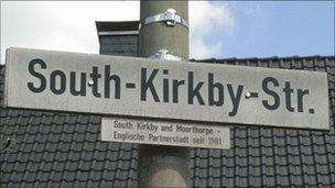 South Kirkby Strasse street sign in its twin town of Sprockhoevel