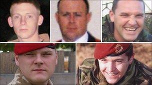 From top left: Guardsman Jimmy Major, Sgt Matthew Telford and Warrant Officer Darren Chant. From bottom left: Cpl Steven Boote and Cpl Nicholas Webster-Smith