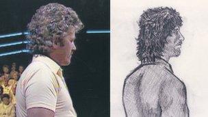 John Cooper appearing on Bullseye and an artist's impression released by police in July 1989