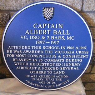 The blue plaque honouring Captain Albert Ball