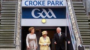 The Queen, President Mary McAleese and GAA president Christy Cooney at Croke Park