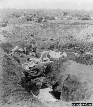 Pit full of cattle carcases, circa 1900 (Getty Images)