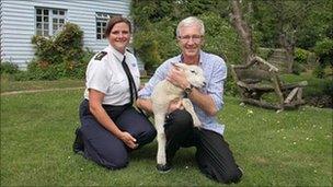 Winston the lamb with Paul O'Grady and RSPCA inspector Caroline Hall