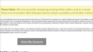 Message on Sportsworld website regarding Olympic tickets