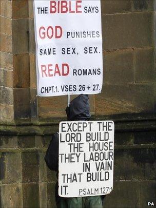 Protester in Edinburgh outside Church of Scotland General Assembly